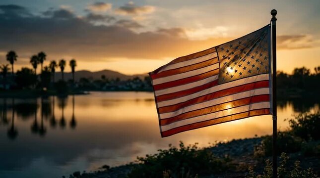 High Resolution Cinematic Photograph of an American Flag at Sunset Over a Scenic Lake with Palms