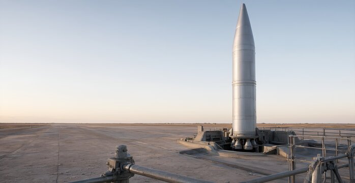 A powerful intercontinental ballistic missile stands ready for launch on a concrete pad at sunset.