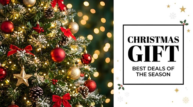 Christmas tree with red and gold ornaments and lights next to a white space with the text christmas gift best deals of the season