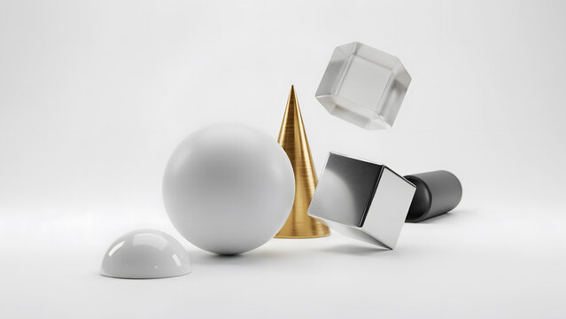 Assorted 3d geometric shapes sphere cone cube and hemisphere on white background.