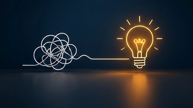 Conceptual 3D illustration of a tangled wire transforming into a glowing neon light bulb, representing problem solving, clarity of thought, simplifying complex ideas, and creative innovation.