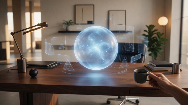 AI assistant concept represented by a luminous abstract orb hovering above a minimalist desk, subtle holographic interface shapes without readable text, soft blue light
