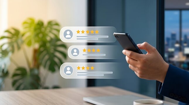 Close up of person holding smartphone with five star rating and customer review icons on screen, illustrating online feedback, business reputation, and digital user satisfaction experience.