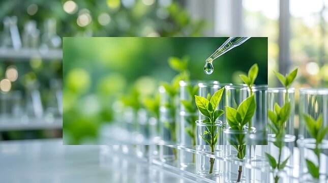 Close up of small green plants growing in glass test tubes in a modern laboratory with a pipette dripping liquid, representing biotechnology research, plant science, and environmental innovation.