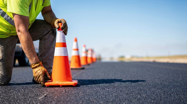 Worker in high visibility vest placing orange traffic cones on fresh asphalt road, roadwork and highway safety concept
