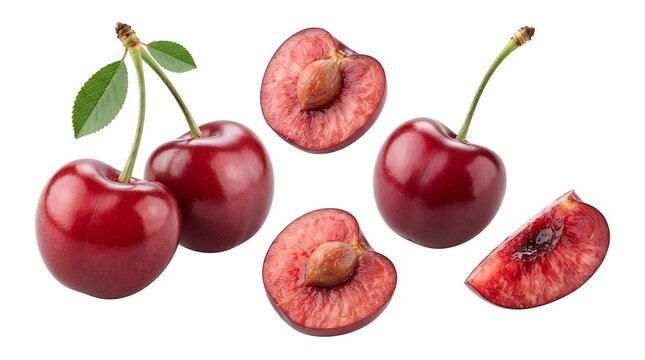 A collection of fresh red cherries, including whole fruits with green stems and leaves, alongside halved cherries showing the pits, isolated on a white background