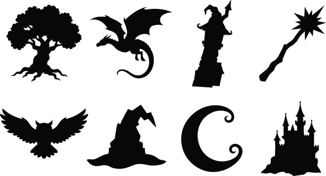 Fantasy Black Silhouette Collection of Dragon, Wizard, Magic Wand, Owl, Mountain, Moon and Castle