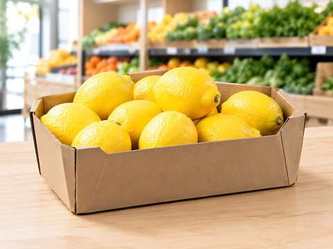Fresh organic yellow lemons inside a cardboard box at the grocery store transparent background