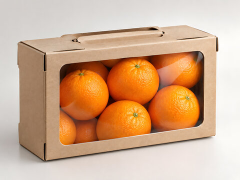 Fresh ripe oranges packed in a cardboard box with window transparent background