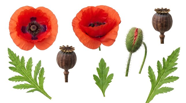 Collection of red poppy flowers, seed pods, and green leaves isolated on a white background, featuring open blooms, a flower bud, and jagged foliage, showcasing the vibrant red petals