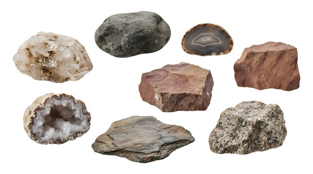 Collection of various natural stones and minerals including quartz, agate, granite, and slate pieces isolated on a white background, for geological study, or decoration
