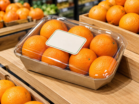 Fresh ripe oranges packed in a clear plastic container on a supermarket shelf transparent background