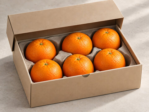 Fresh ripe oranges packed neatly inside a sustainable cardboard gift box transparent background