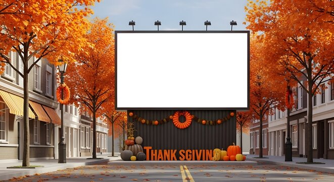 Empty billboard mockup on a street decorated for thanksgiving with pumpkins, autumn leaves, and festive garlands in a charming town setting