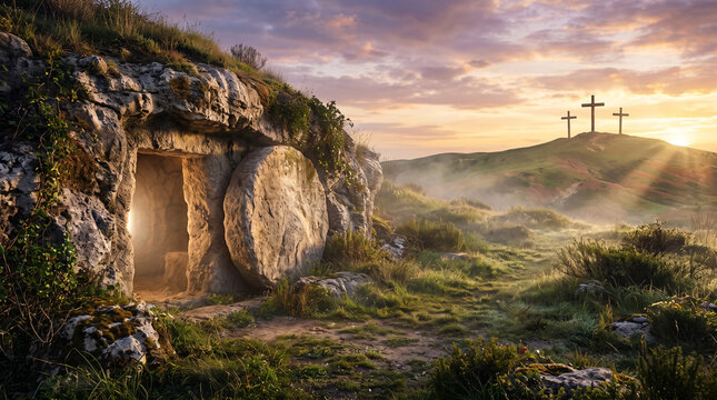 The empty tomb of Jesus with the stone rolled away and three crosses on a hill at sunrise, representing the Easter resurrection and hope.