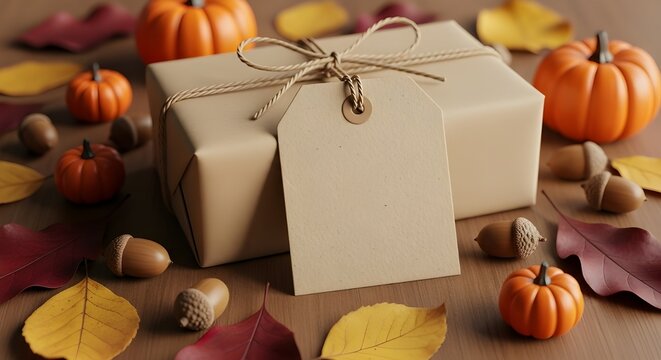 Autumn gift box with blank tag, pumpkins, acorns and fall leaves on wooden background thanksgiving or harvest festival concept mockup for greeting card or invitation