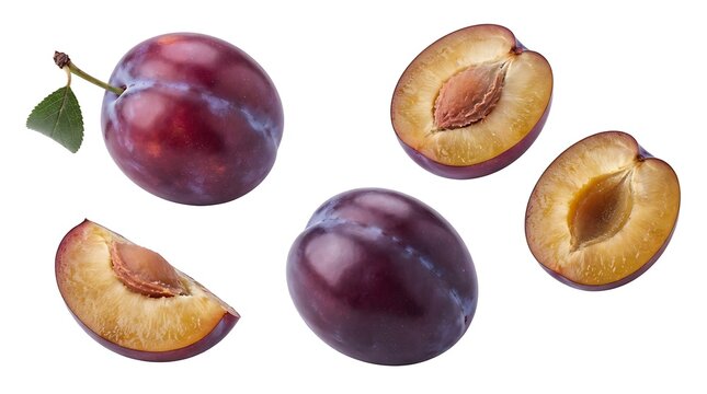 Fresh ripe purple plums with a leaf, a cut half with a stone, and a slice isolated on a white background, for healthy food, and cooking ingredients