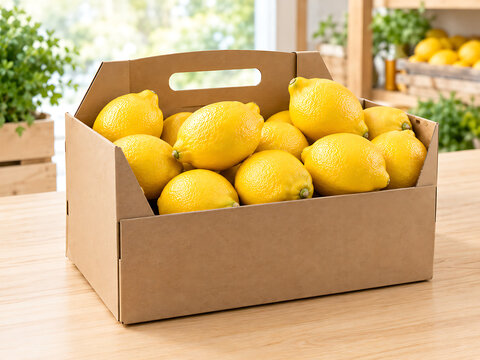 Fresh yellow lemons in a cardboard carrying box on a wooden table transparent background
