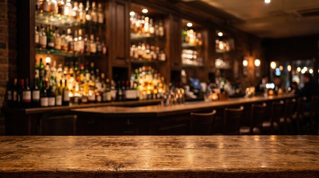 an empty bar counter with a blurry background of a well-stocked liquor shelf. The scene evokes a sense of anticipation and is perfect for product placement or showcasing drinks