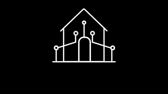 Smart home automation house with circuit board network nodes line art icon vector illustration.