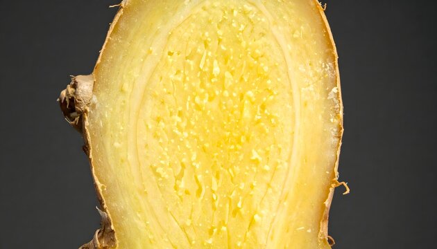 Macro closeup view of sliced fresh ginger root cross section against dark background, displaying detailed juicy fiber pulp texture and golden yellow hue for culinary spice and health concept.