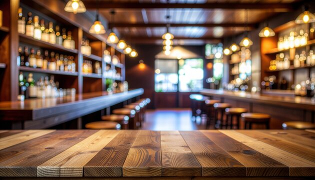 A cozy and inviting bar interior with rows of liquor bottles on shelves and wooden bar stools. The warm lighting creates a welcoming ambiance