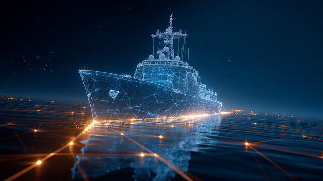 A digital wireframe warship sailing over a connected ocean surface illustrates maritime defense technology and advanced naval navigation systems.
