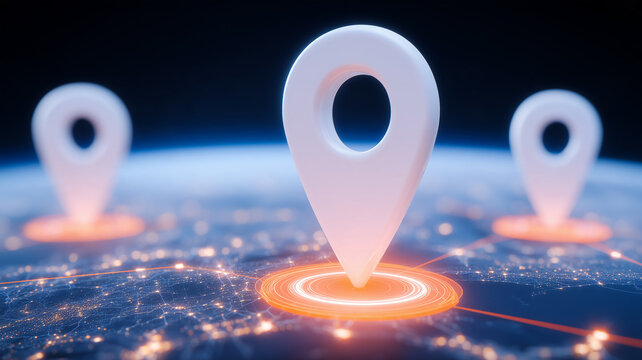 Location pins placed across a digital map represent GPS positioning and accurate destination tracking for connected navigation systems.