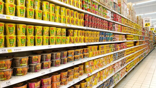 Kuala Terengganu, Malaysia - October 14, 2026: A vibrant and colorful retail display featuring rows of popular Malaysian instant noodle multi-packs, including brands like Maggi, Mamee for sell 