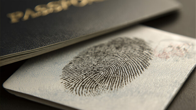 A fingerprint on an identification document beside a passport represents biometric identity verification and secure international travel.