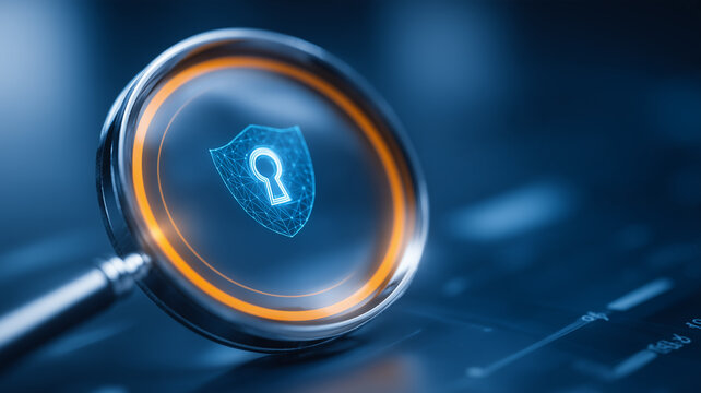 A magnifying glass examining a shield with a keyhole represents cybersecurity assessment and the protection of sensitive digital information.