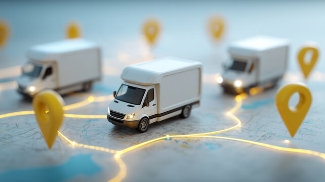 Delivery trucks positioned on a map with connected location markers illustrate fleet routing and efficient shipment tracking in modern logistics.