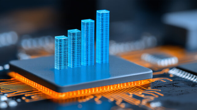 A rising holographic bar chart emerging from a microchip represents data analytics and increasing computing performance.