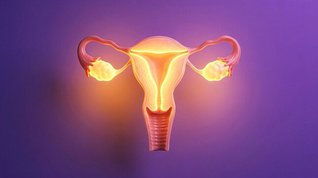 Glowing 3D anatomical female reproductive system cross-section on purple background