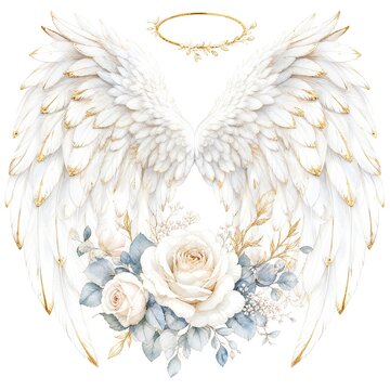 White Angel Wings With Gold Halo and White Roses Watercolor