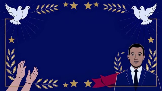A dignified animated frame with peace doves, golden stars, laurels, and a leader illustration perfect for honoring achievements and unity.