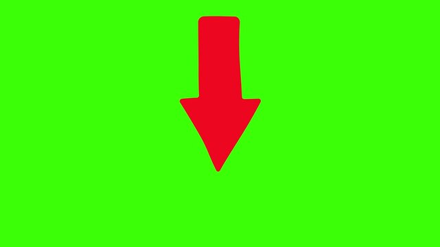 Red down arrow animated hand drawn doodle direction sign wiggling and pointing downward in 4k on green screen background.