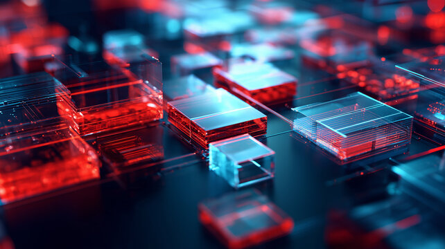 Transparent geometric blocks arranged across an electronic surface represent modular computing and digital infrastructure development.