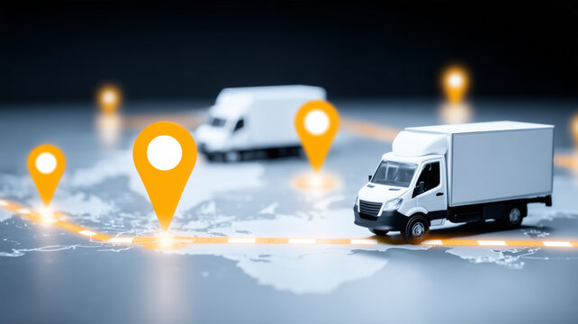 Delivery trucks on a map with location markers illustrate shipment tracking and route optimization in global logistics.
