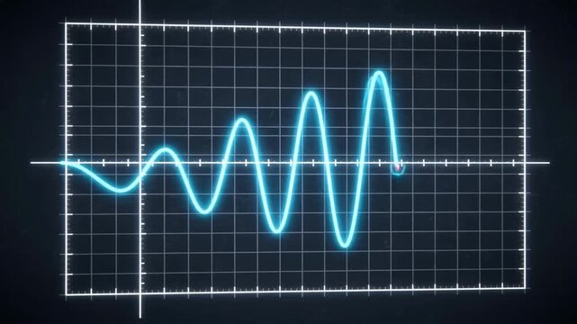 Glowing blue sine wave oscillating on a digital oscilloscope screen showing electrical frequency data