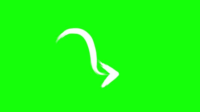 Wavy right arrow animated white brush stroke doodle pointer drawing a curved wave and pointing right in 4k on green screen background.