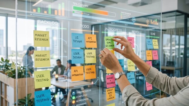 Project manager organizing agile backlog on transparent glass wall, sticky notes for sprint planning, kanban board workflow, team collaboration, task tracking software interface
