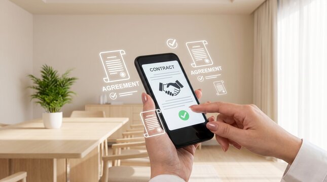 Female hands holding modern smartphone displaying digital contract agreement icons with glowing holographic graphics inside bright room