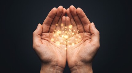Fototapeta premium Human hands cupped together holding glowing magical light particles, symbolizing hope, future technology, energy conservation