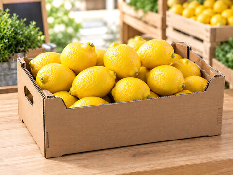 Fresh yellow organic lemons in a cardboard delivery crate on a wooden table transparent background
