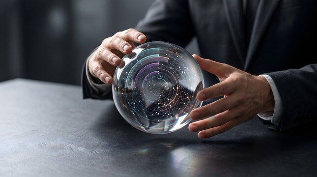 Businessman in a suit holding a glowing crystal ball for future business strategy forecasting