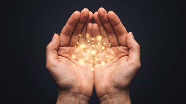 Human hands cupped together holding glowing magical light particles, symbolizing hope, future technology, energy conservation