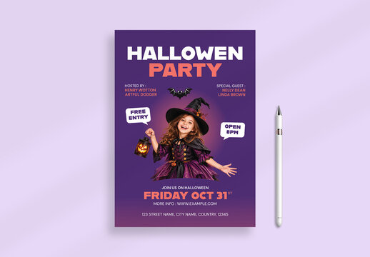 Halloween Party Invitation Flyer with Cute Witch and Purple Background