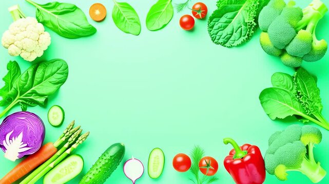 A vibrant frame of fresh, raw vegetables on a bright green background, perfect for healthy eating and nutrition themes.