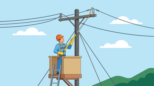 Professional Electrician or Lineworker Repairing Power Lines in a Lift Bucket, Utility Maintenance and Infrastructure Repair Concept Illustration